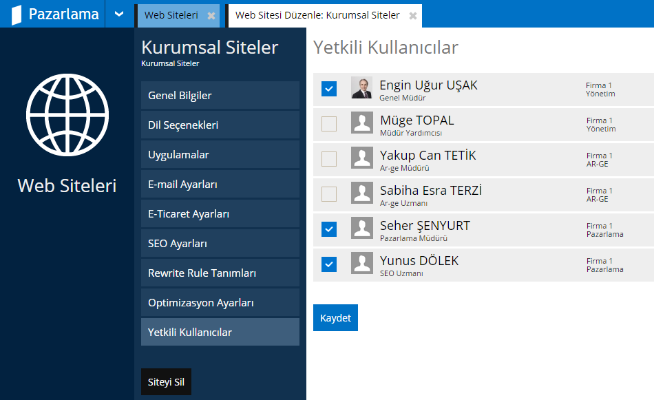 Web Siteleri Yetkili Kullanıcılar